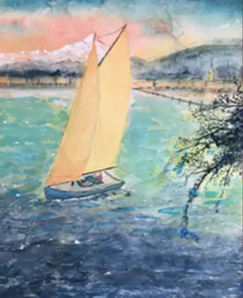 Peinture aquarelle représentant un voilier sur un paysage marin près de la cote