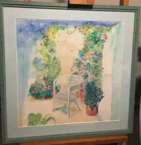 Fauteuil dans un coin de jardin aquarelle
